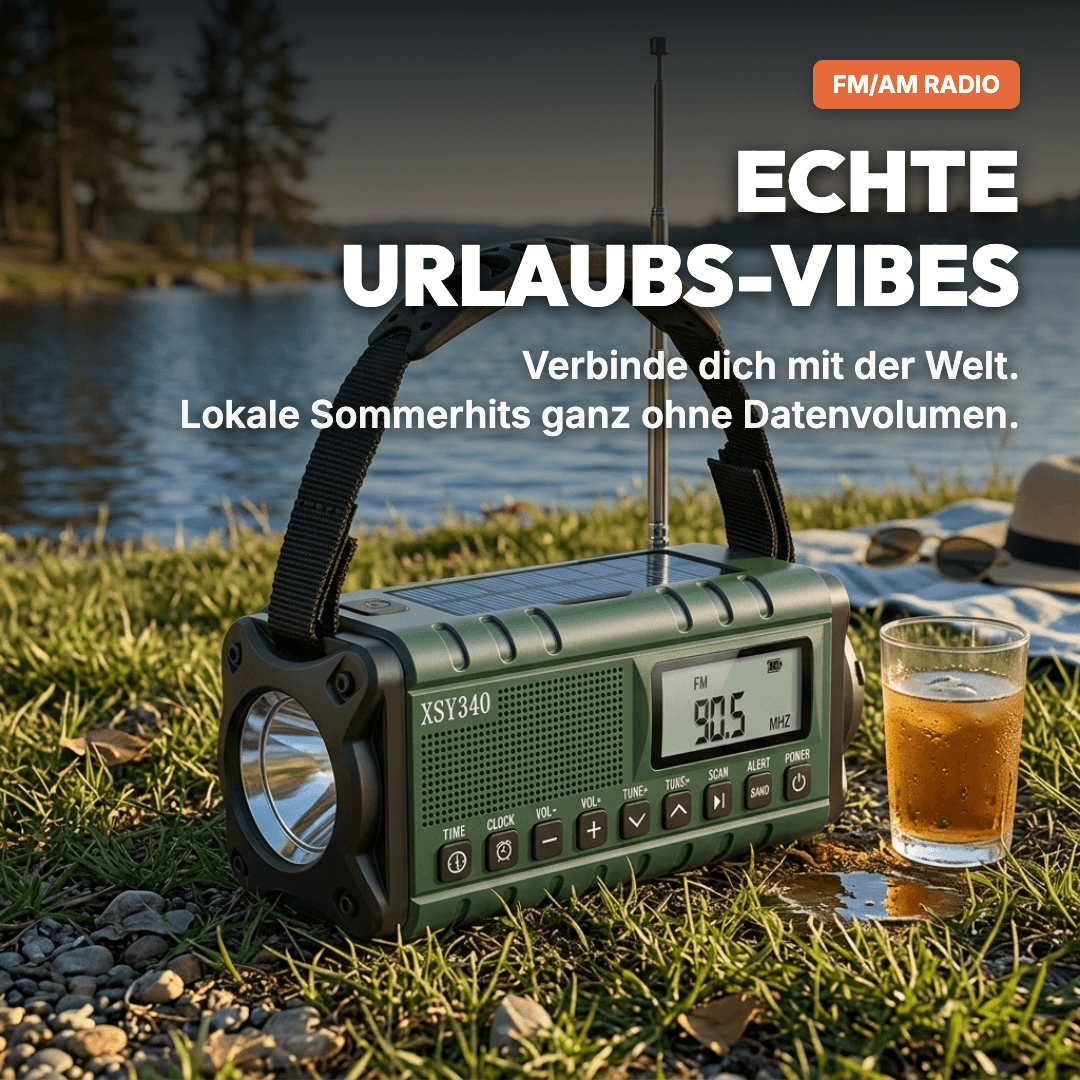 Dynox Sunbase Kurbelradio am Lagerfeuer – FM/AM Notfallradio mit 10.000 mAh Akku für Camping und Outdoor